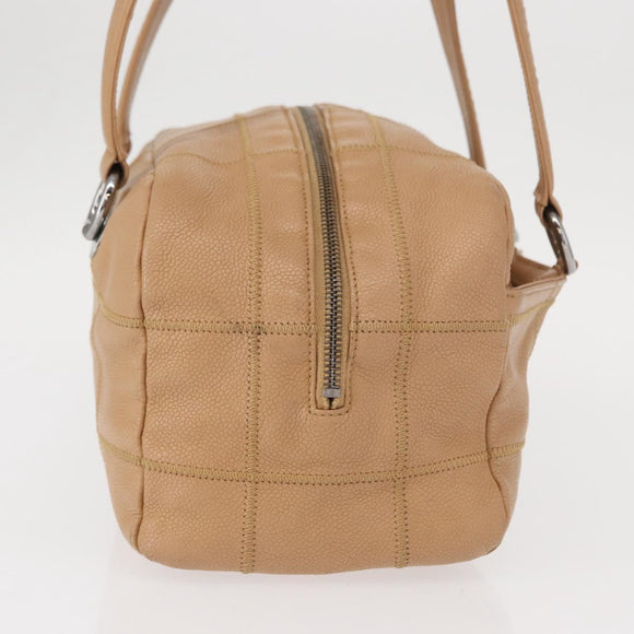 CHANEL Choco Bar Shoulder Bag Caviar Skin Beige Silver CC Auth 153112