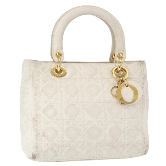 Christian Dior Lady Dior Canage Hand Bag Leather White Gold Auth 153122