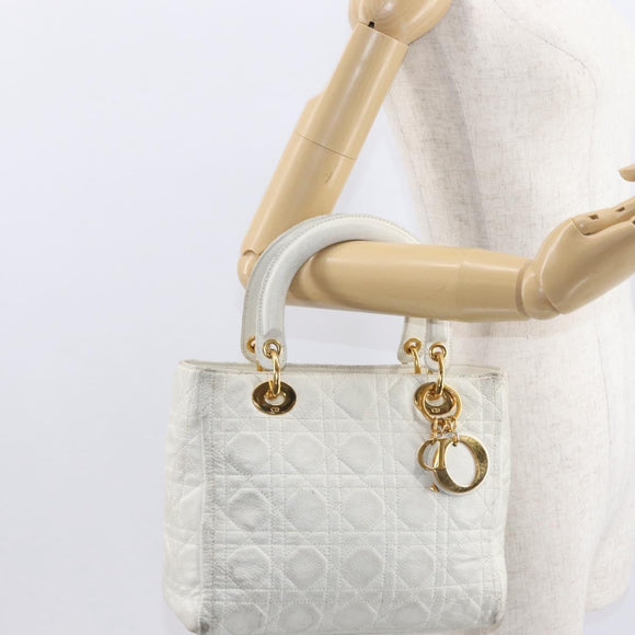 Christian Dior Lady Dior Canage Hand Bag Leather White Gold Auth 153122