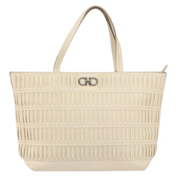 Salvatore Ferragamo Tote Bag Leather Beige Silver Auth 153124
