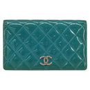 CHANEL Matelasse Long Wallet Patent leather Blue Silver CC Auth 153143-13