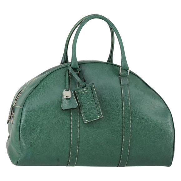 PRADA Boston Bag Leather Green Silver Auth 153161