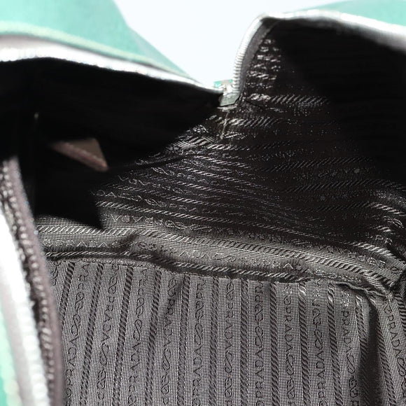 PRADA Boston Bag Leather Green Silver Auth 153161