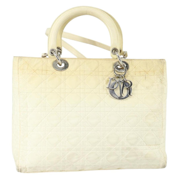 Christian Dior Canage Lady Dior Hand Bag Nylon 2way Ivory Silver Auth 153173