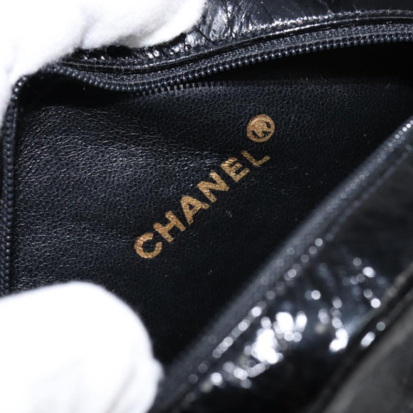 CHANEL Chain Camelia Shoulder Bag Patent Black Gold CC Auth 153180