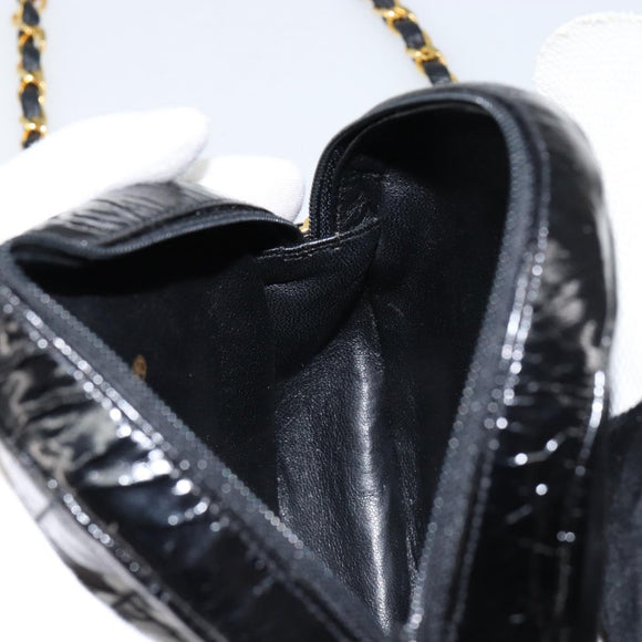 CHANEL Chain Camelia Shoulder Bag Patent Black Gold CC Auth 153180