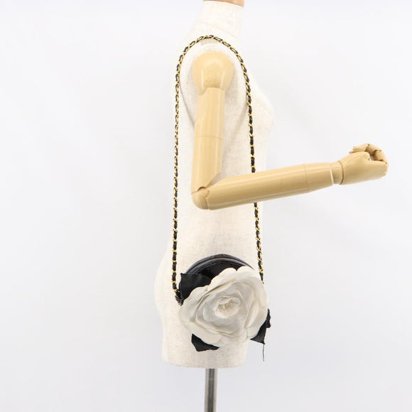 CHANEL Chain Camelia Shoulder Bag Patent Black Gold CC Auth 153180