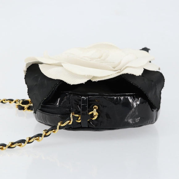 CHANEL Chain Camelia Shoulder Bag Patent Black Gold CC Auth 153180