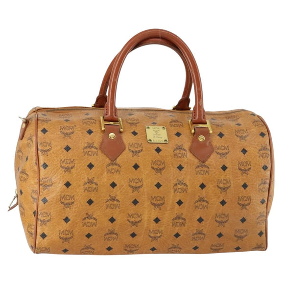MCM Logogram Vicetos Boston Bag PVC Leather Brown Gold Auth 153190