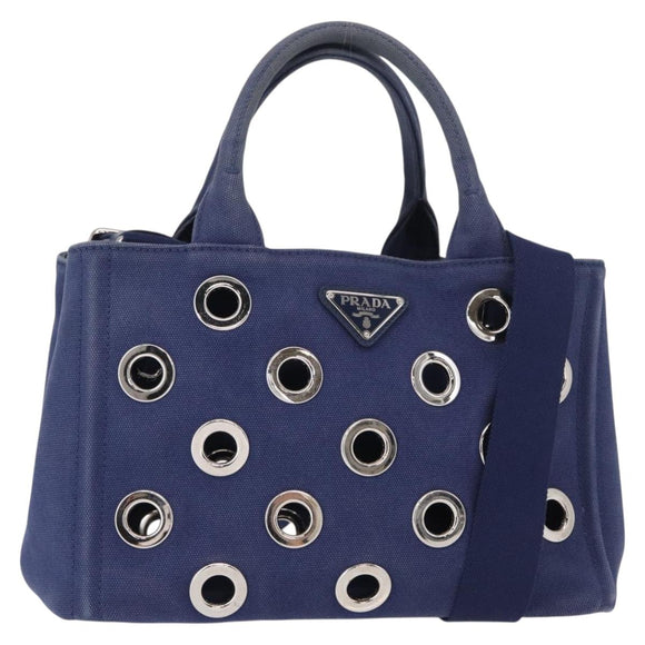 PRADA Canapa PM Hand Bag Canvas 2way Blue Silver Auth 153195A