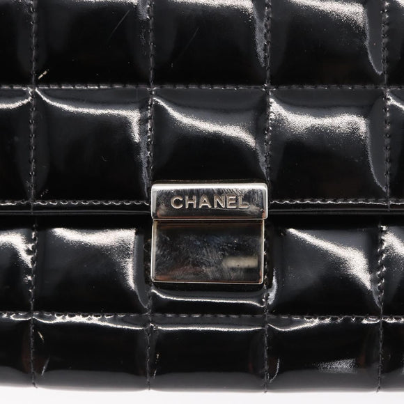 CHANEL Choco Bar Chain Shoulder Bag patent Black Silver CC Auth 153210