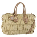 PRADA Gathered Hand Bag Nylon 2way Beige Gold Auth 153215-1