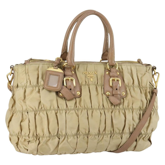 PRADA Gathered Hand Bag Nylon 2way Beige Gold Auth 153215