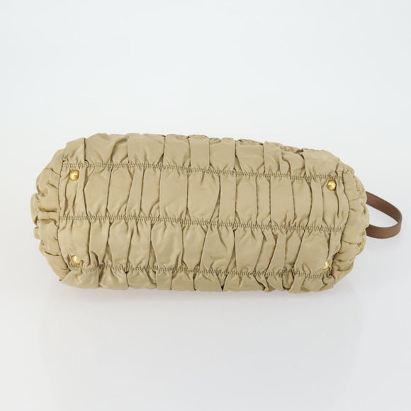 PRADA Gathered Hand Bag Nylon 2way Beige Gold Auth 153215