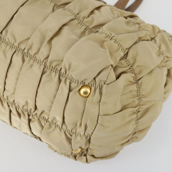 PRADA Gathered Hand Bag Nylon 2way Beige Gold Auth 153215