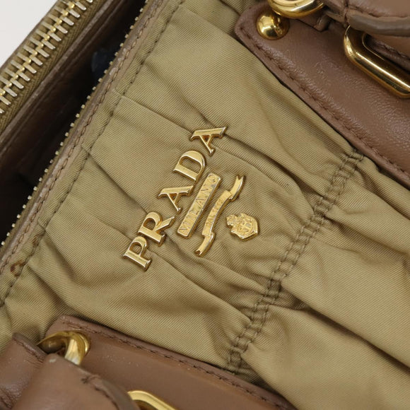 PRADA Gathered Hand Bag Nylon 2way Beige Gold Auth 153215