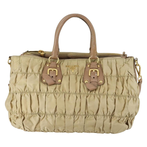 PRADA Gathered Hand Bag Nylon 2way Beige Gold Auth 153215