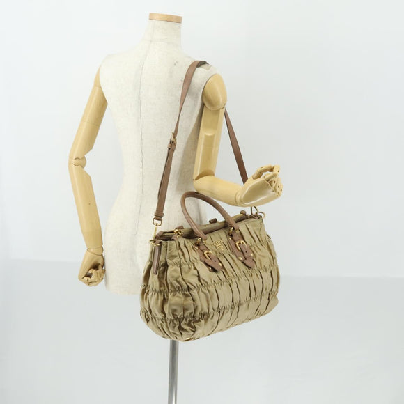 PRADA Gathered Hand Bag Nylon 2way Beige Gold Auth 153215