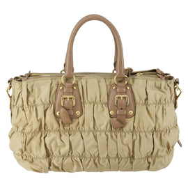PRADA Gathered Hand Bag Nylon 2way Beige Gold Auth 153215 - 0