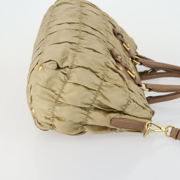 PRADA Gathered Hand Bag Nylon 2way Beige Gold Auth 153215