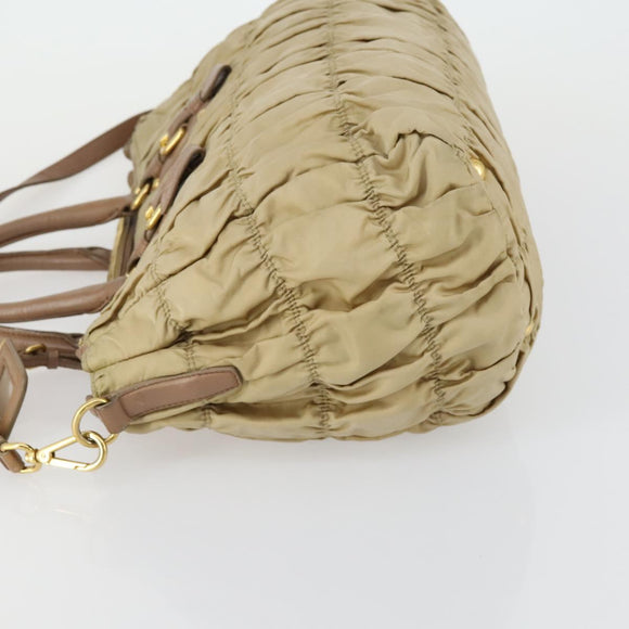 PRADA Gathered Hand Bag Nylon 2way Beige Gold Auth 153215