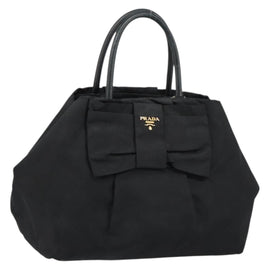 PRADA ribbon Hand Bag Nylon Leather Black Gold Auth 153236