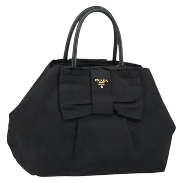 PRADA ribbon Hand Bag Nylon Leather Black Gold Auth 153236