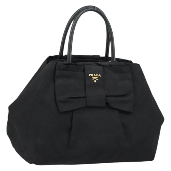 PRADA ribbon Hand Bag Nylon Leather Black Gold Auth 153236