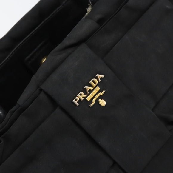 PRADA ribbon Hand Bag Nylon Leather Black Gold Auth 153236