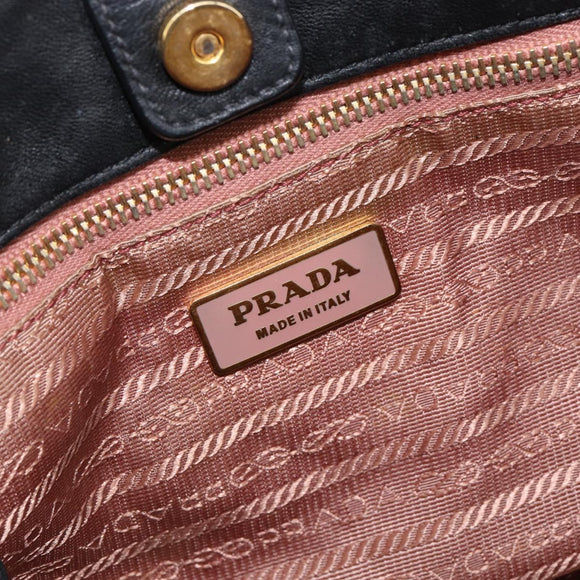 PRADA ribbon Hand Bag Nylon Leather Black Gold Auth 153236