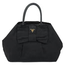 PRADA ribbon Hand Bag Nylon Leather Black Gold Auth 153236-2