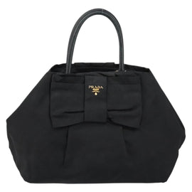 PRADA ribbon Hand Bag Nylon Leather Black Gold Auth 153236 - 0