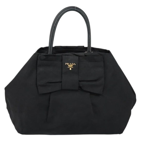 PRADA ribbon Hand Bag Nylon Leather Black Gold Auth 153236