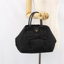 PRADA ribbon Hand Bag Nylon Leather Black Gold Auth 153236-22