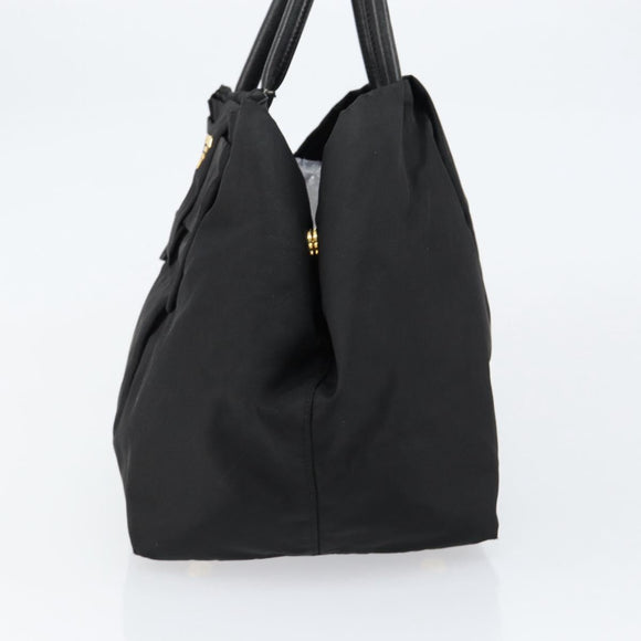 PRADA ribbon Hand Bag Nylon Leather Black Gold Auth 153236