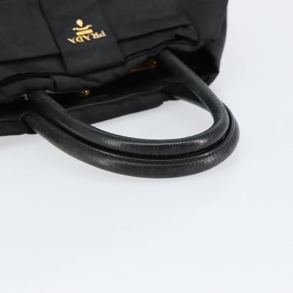 PRADA ribbon Hand Bag Nylon Leather Black Gold Auth 153236
