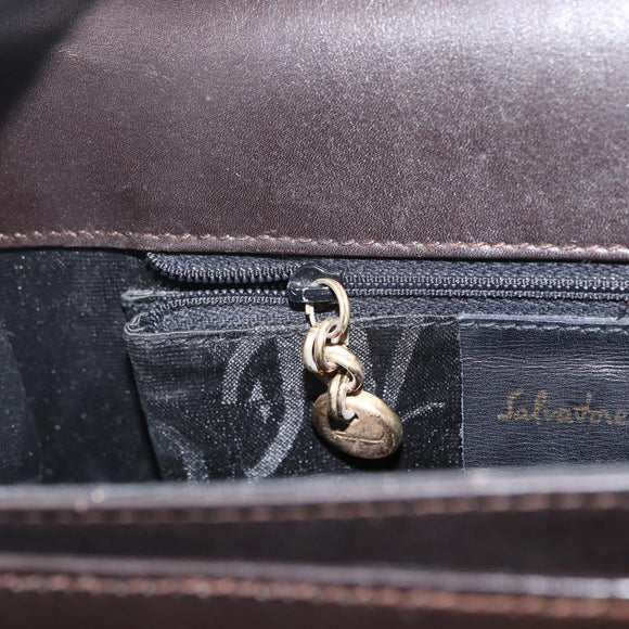 Salvatore Ferragamo Gancini Hand Bag Leather 2way Dark Brown Gold Auth 153307