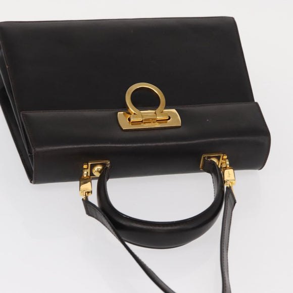Salvatore Ferragamo Gancini Hand Bag Leather 2way Dark Brown Gold Auth 153307