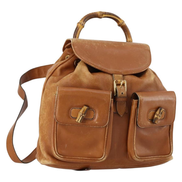 GUCCI Bamboo Backpack Leather Brown Gold 003 1998 0016 Auth 153308