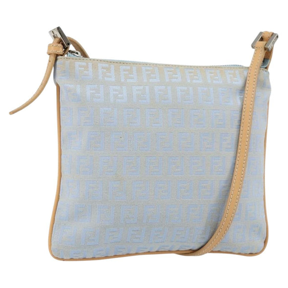 FENDI Zucchino Canvas Shoulder Bag Light Blue Silver Auth 153315
