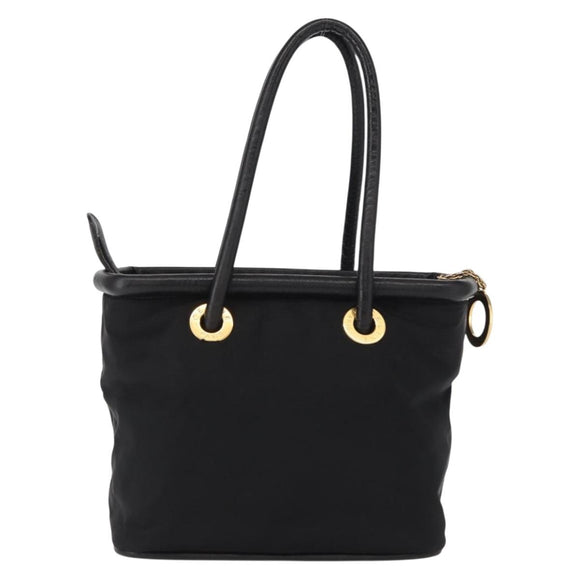 CELINE Circle Hand Bag Nylon Leather Black Gold Auth 153316
