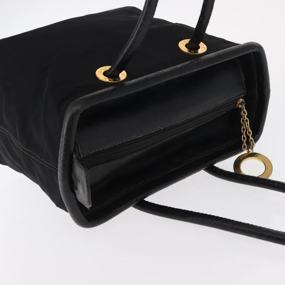 CELINE Circle Hand Bag Nylon Leather Black Gold Auth 153316
