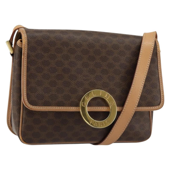 CELINE Macadam Canvas Circle Shoulder Bag PVC Leather Brown Gold Auth 153317