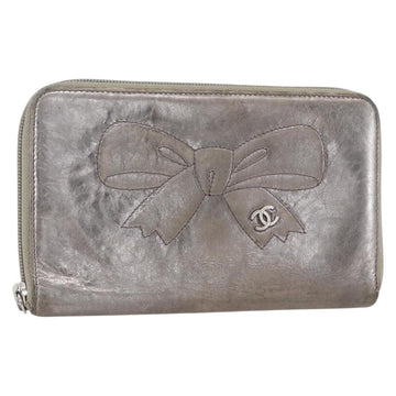 CHANEL Long Wallet Leather Silver CC Auth 153323