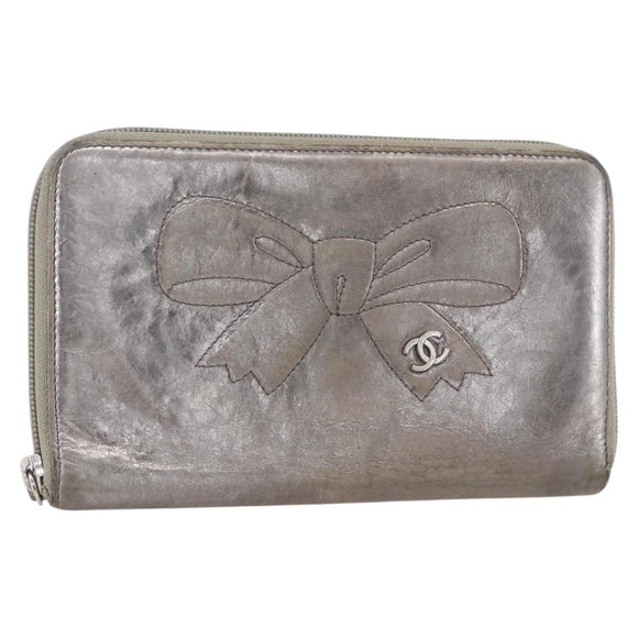 CHANEL Long Wallet Leather Silver CC Auth 153323