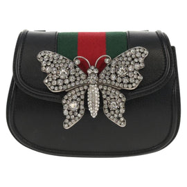 GUCCI Totem Butterfly Web Sherry Line Bag Leather Black 505387 Auth 153330SAM - 0