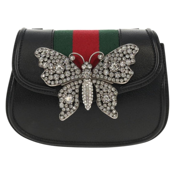GUCCI Totem Butterfly Web Sherry Line Bag Leather Black 505387 Auth 153330SAM
