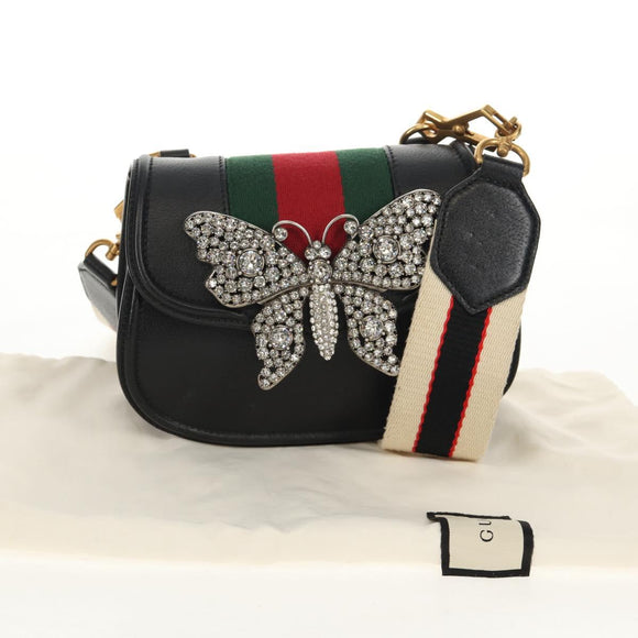 GUCCI Totem Butterfly Web Sherry Line Bag Leather Black 505387 Auth 153330SAM