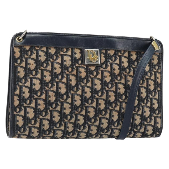 Christian Dior Trotter Canvas Shoulder Bag Navy Gold Auth 153348