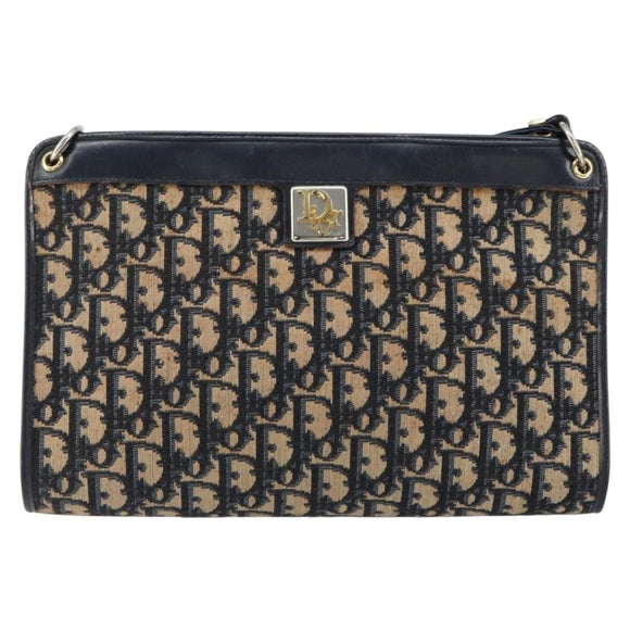Christian Dior Trotter Canvas Shoulder Bag Navy Gold Auth 153348